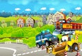 Cartoon Funny Looking Train On The Train Station Near The City And Excavator Digger Car Driving And Plane Flying - Illustration