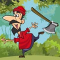 Cartoon funny lumberjack throwing axe in the woods Royalty Free Stock Photo