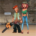 Cartoon funny man with a chainsaw and a woman with a hammer Royalty Free Stock Photo