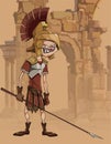 Cartoon funny man in a gladiators clothing in ruins