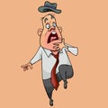 Cartoon funny man with tie and hat jumps in fright