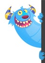 Cartoon funny monster holding empty placard, banner or paper sheet. Royalty Free Stock Photo