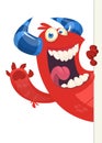 Cartoon funny monster holding empty placard, banner or paper sheet. Royalty Free Stock Photo