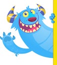 Cartoon funny monster holding empty placard, banner or paper sheet. Royalty Free Stock Photo