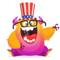 Cartoon funny monster wearing American uncle Sam hat on USA Independence Day