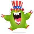 Cartoon funny monster wearing American uncle Sam hat on USA Independence Day