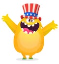 Cartoon funny monster wearing American uncle Sam hat on USA Independence Day