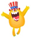 Cartoon funny monster wearing American uncle Sam hat on USA Independence Day