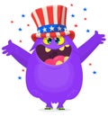 Cartoon funny monster wearing American uncle Sam hat on USA Independence Day