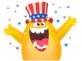 Cartoon funny monster wearing American uncle Sam hat on USA Independence Day