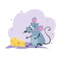 Cartoon funny mouse sniffing the cheese. 2020 Year Chinese symbol. Comic mascot sitting. Rat or mouse character. Rodent animal. Sc Royalty Free Stock Photo
