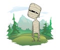 Cartoon funny mummy standing in nature. Forest and mountains in the background. Vector illustration for Halloween