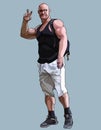 Cartoon funny muscular man showing gesture two fingers