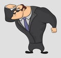 Cartoon funny muscular vector guard in a suit looking for bad guys in suit and sunglasses. Strong Athletic man in black clothes. Royalty Free Stock Photo