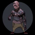 Cartoon mustache bald man with tattooed body