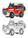 Cartoon funny off road fire fighter truck looking like monster truck isolated - coloring page