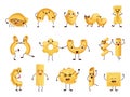 Cartoon funny pasta characters, italian macaroni mascot emoji. Comic happy spaghetti, penne and fusilli with face, hands