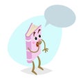 Cartoon funny pink disappointed book mascot on round background. Dummy speech bubble. Surprised character.