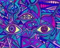 Cartoon funny psychedelic shamanic eyes of crazy patterns. Colorful art with decorative eyes.