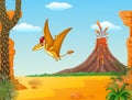 Cartoon funny pterodactyl flying with Volcano background