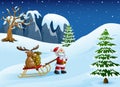 Cartoon funny santa claus pulling reindeer on a sleigh with sack of gifts Royalty Free Stock Photo