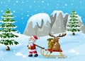 Cartoon funny santa claus pulling reindeer on a sleigh with sack of gifts Royalty Free Stock Photo