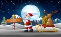 Cartoon funny santa claus pulling a sleigh with a deer with sack of presents Royalty Free Stock Photo