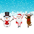 Cartoon funny santa claus, reindeer and snowman dancing