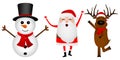 Cartoon funny santa claus, reindeer and snowman dancing isolated on white