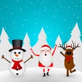 Cartoon funny santa claus, reindeer and snowman dancing in isolation