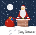 Cartoon funny santa claus on the roof with gifts