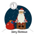 Cartoon funny santa claus on the roof with gifts