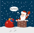 Cartoon funny santa claus on the roof with gifts