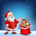 Cartoon funny Santa with sack on a night sky background