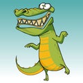 Cartoon funny scary toothy crocodile is standing on one leg