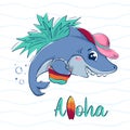 Cartoon funny shark with a beach bag and a hat among the waves. Postcard with the inscription aloha