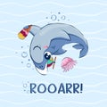 Cartoon funny shark in a cap with a propeller and ice cream among the waves. Postcard with the inscription roar