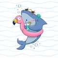 Cartoon funny shark drinks a summer cocktail in an inflatable circle in the form of a flamingo among the waves