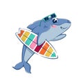 Cartoon funny shark says hello holding a surfboard