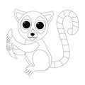 Cartoon funny sitting lemur with a banana. African animals. Geometric style. Coloring illustration
