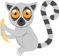 Cartoon funny sitting lemur with a banana. African animals. Geometric style. Flat illustration