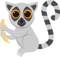 Cartoon funny sitting lemur with a banana. African animals. Geometric style. Flat illustration