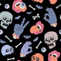 Cartoon funny skulls, bones, crossbone, monster zombie hands, vampire lips, bats seamless pattern. Halloween background Royalty Free Stock Photo