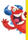 Cartoon funny smart monster holding empty placard.