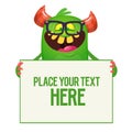Cartoon funny smart monster wearing eyeglasses and holding empty placard with text.