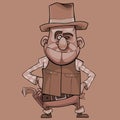 Cartoon funny smiling armed man stands akimbo