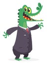 Cartoon funny smiling crocodile wearing toxedo or business suit. Vector illustration of green aligator