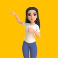 Cartoon funny smiling cute girl in a white t-shirt and jeans shows you the way, pointing her finger on a yellow background Royalty Free Stock Photo