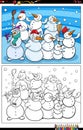 Cartoon funny snowmen characters coloring book page