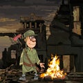 Cartoon soldier stands by the bonfire in ruins